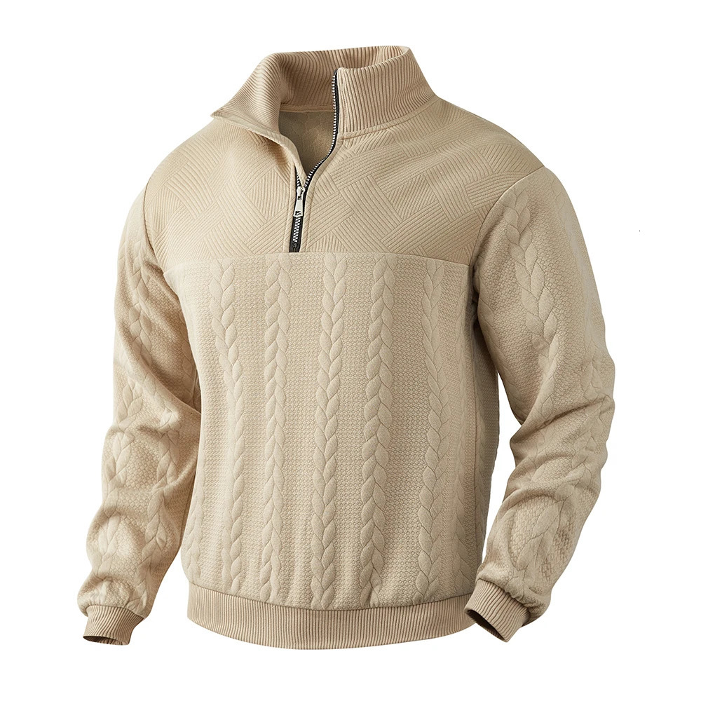 Mens casual Henry collar sweater long sleeved knitted stand up collar top zipper solid color hoodie pattern fashionable mens clothing 241126