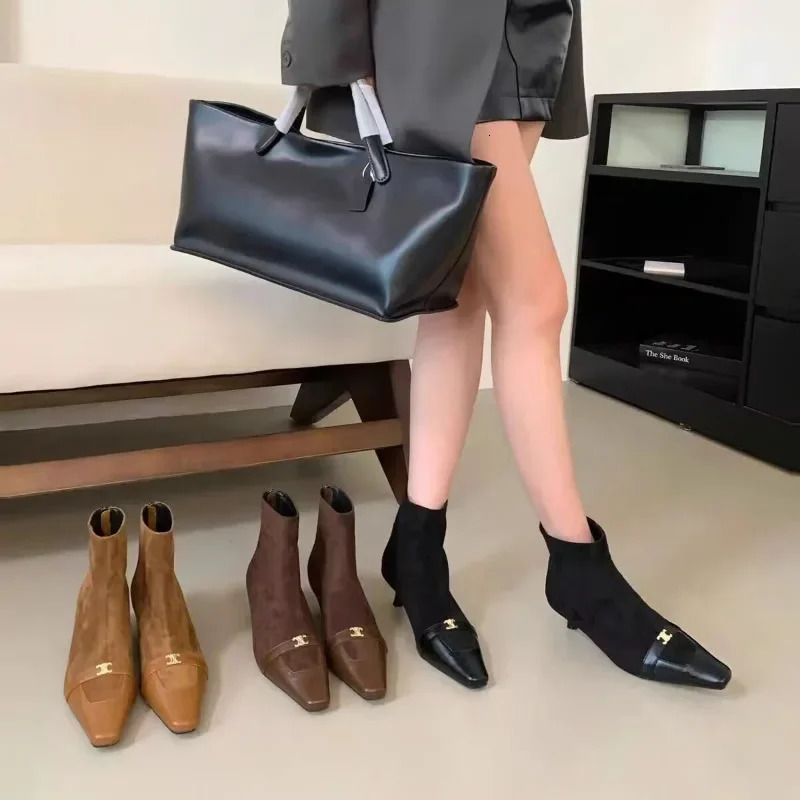 Footwear Pointed Toe Ladies Short Booties Slip On Shoes Fashion er Elastic Women Ankle Modern Boots Medium Heels Shoes 241114