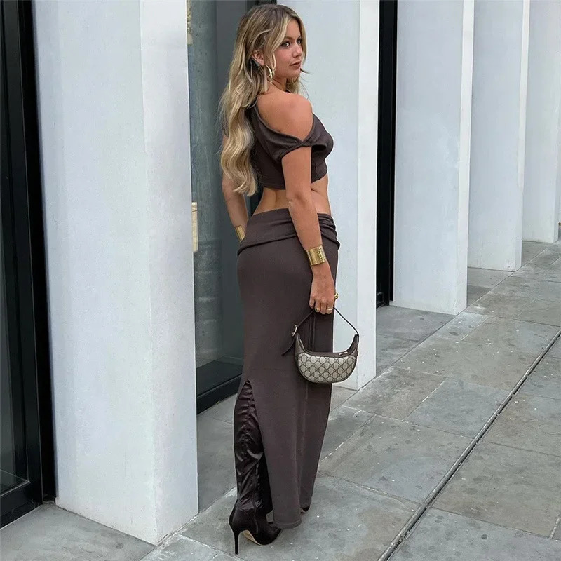 Summer Bandage Bodycon Dress Suits Women Y2K Streetwear Short Sleeve Crop Top Shirt and Maxi Long Skirts Two Piece Matching Sets 240423