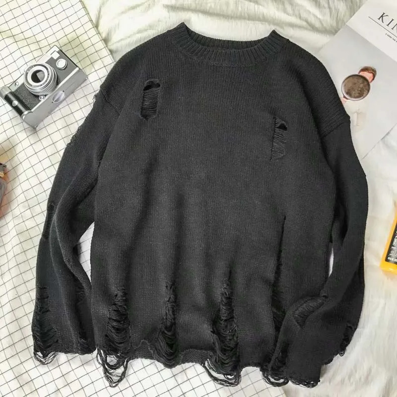 Lazy Streetwear mens style O-neck knitted cardigan sweater retro couple loose pull mens knitted hole sweater E91 241126