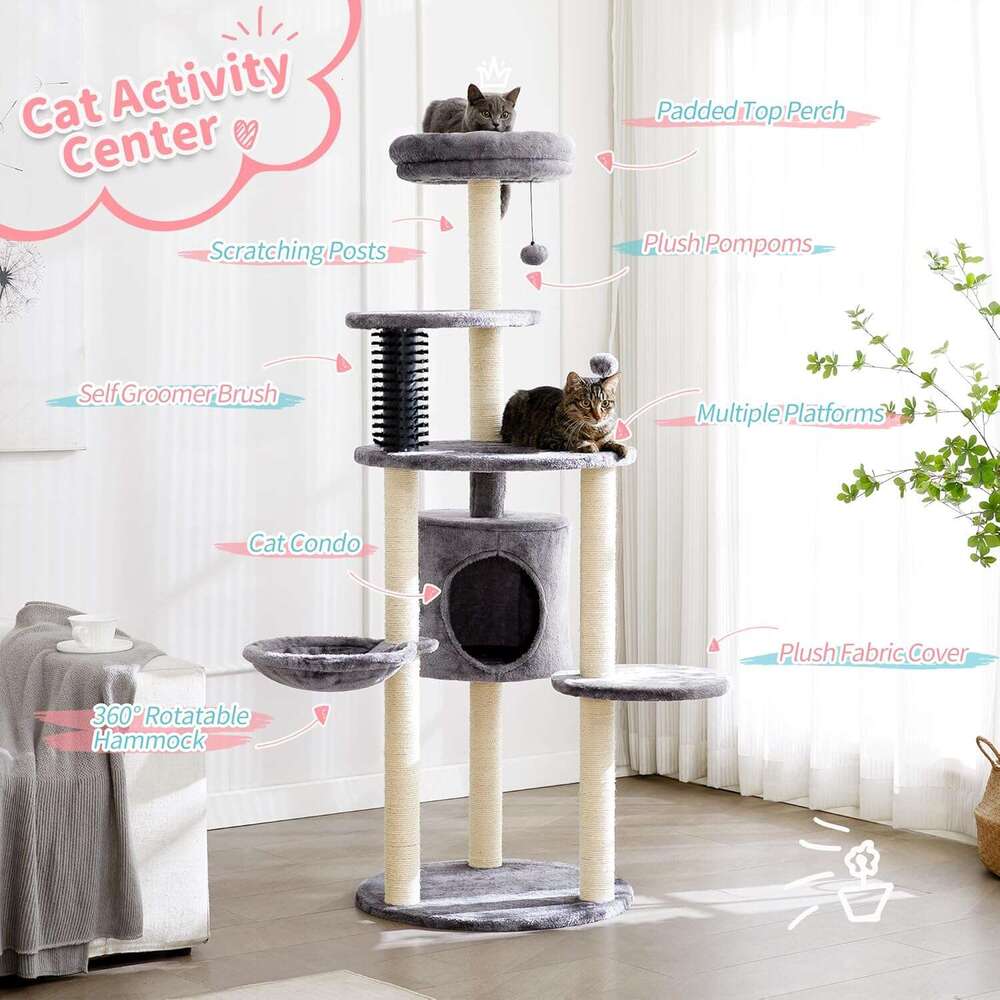 Made4Pets Cat Tree for Indoor Cats, 60.2-inch Large Cat Tower, with Soft Hammock, 5-Level Tall Cat Condo, Sisal Scratch Posts, Fluffy Ball, 3-7days de