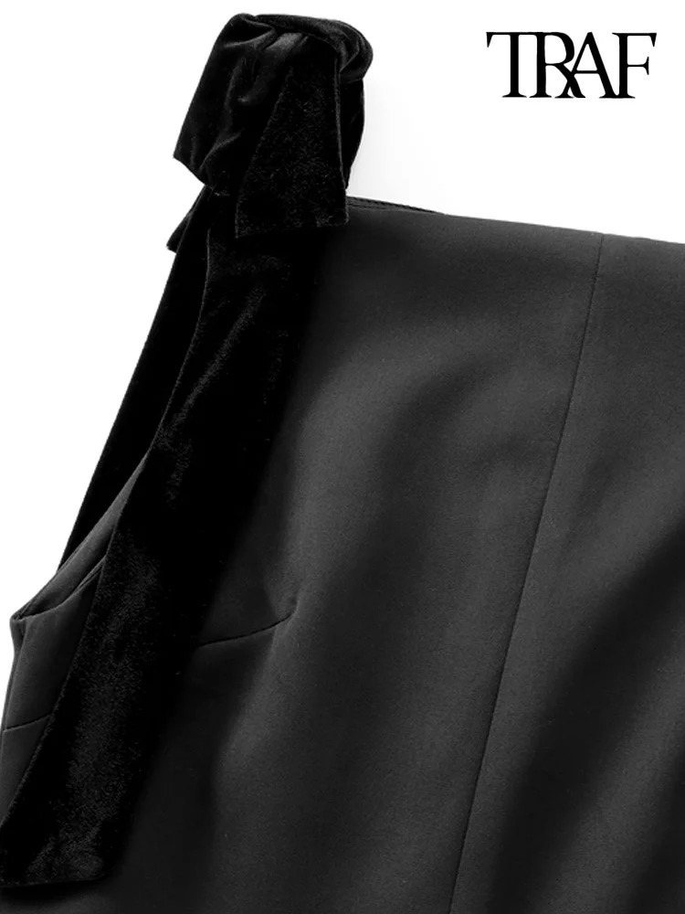 TRAF Womens Comparison Velvet Bow Mini Dress Straight Neck Back Zipper Womens Dress Sexy and Fashionable 241125
