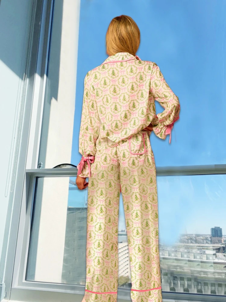 Leisure Y2K Pink Bow Womens Pajama Set 2-piece Long Cute Long Sleeve Matching Lounge Shirt Set 90S Santa Claus Pajama 241126