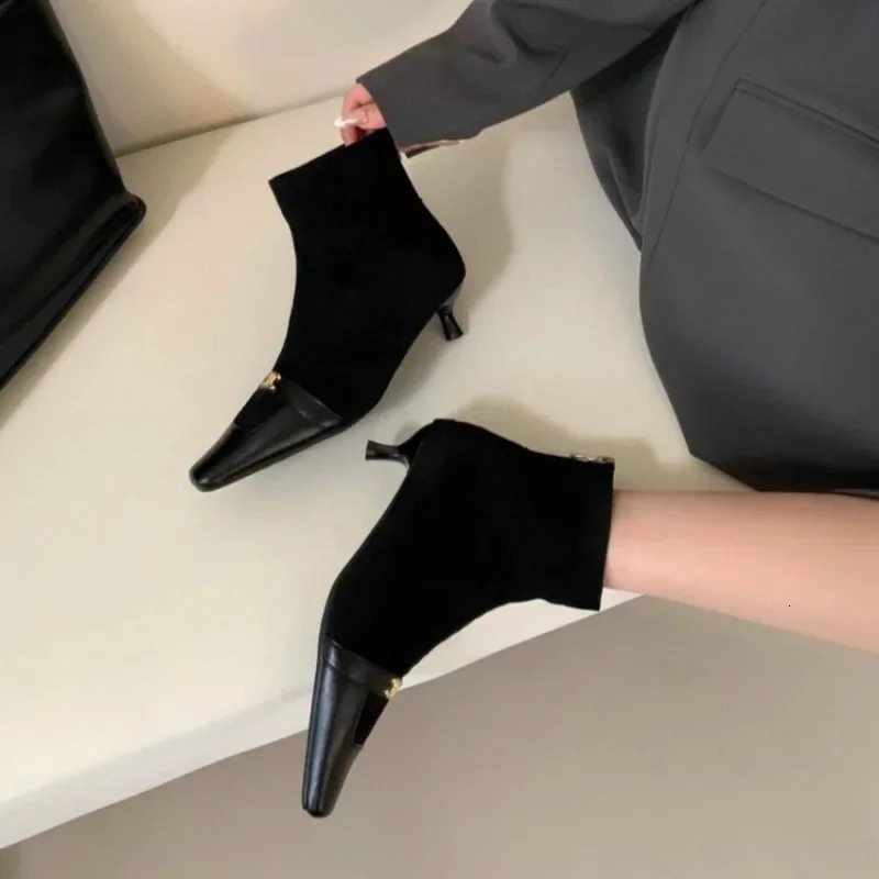 Footwear Pointed Toe Ladies Short Booties Slip On Shoes Fashion er Elastic Women Ankle Modern Boots Medium Heels Shoes 241114