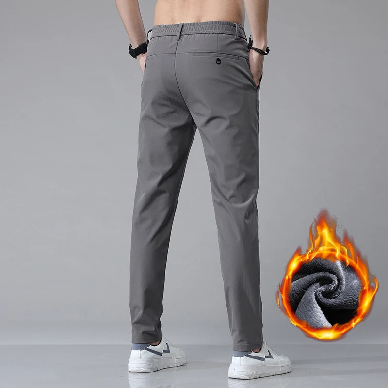Korean Mens Warm Golf Pants Slim Straight Winter Thick Fleece Casual Pants Business Fashion Stretch Thermal Trousers Male 241126