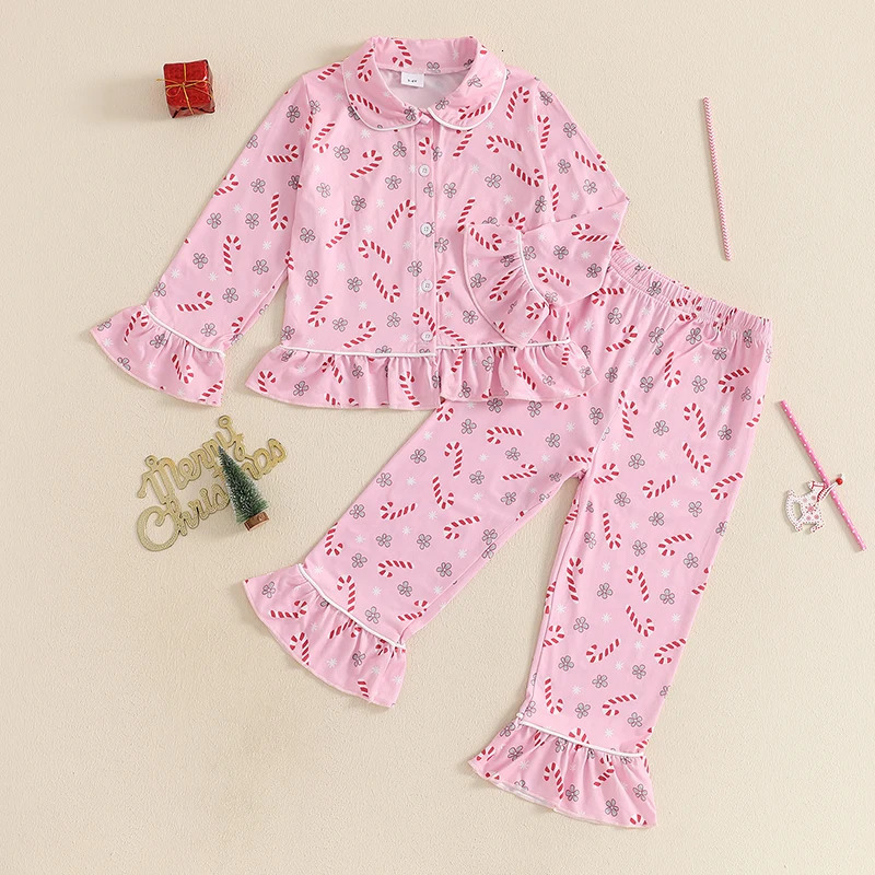 Children Kids Baby Girls Christmas Pajamas Sets TreeCandy CaneBow Print Shirts Tops Long Pants 2 Pieces Lounge Suit Sleepwear 241126