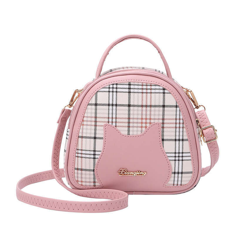 Ladies' 2024 new style plaid contrasting cat face letter label handbag shoulder casual phone gift bag