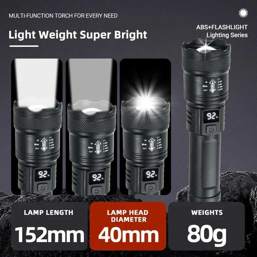 9900LM Powerful LED Flashlight Battery Display USB Rechargeable Light Telescopic Zoom Torch Lamp Outdoor Camping Fishing Lantern Z250211