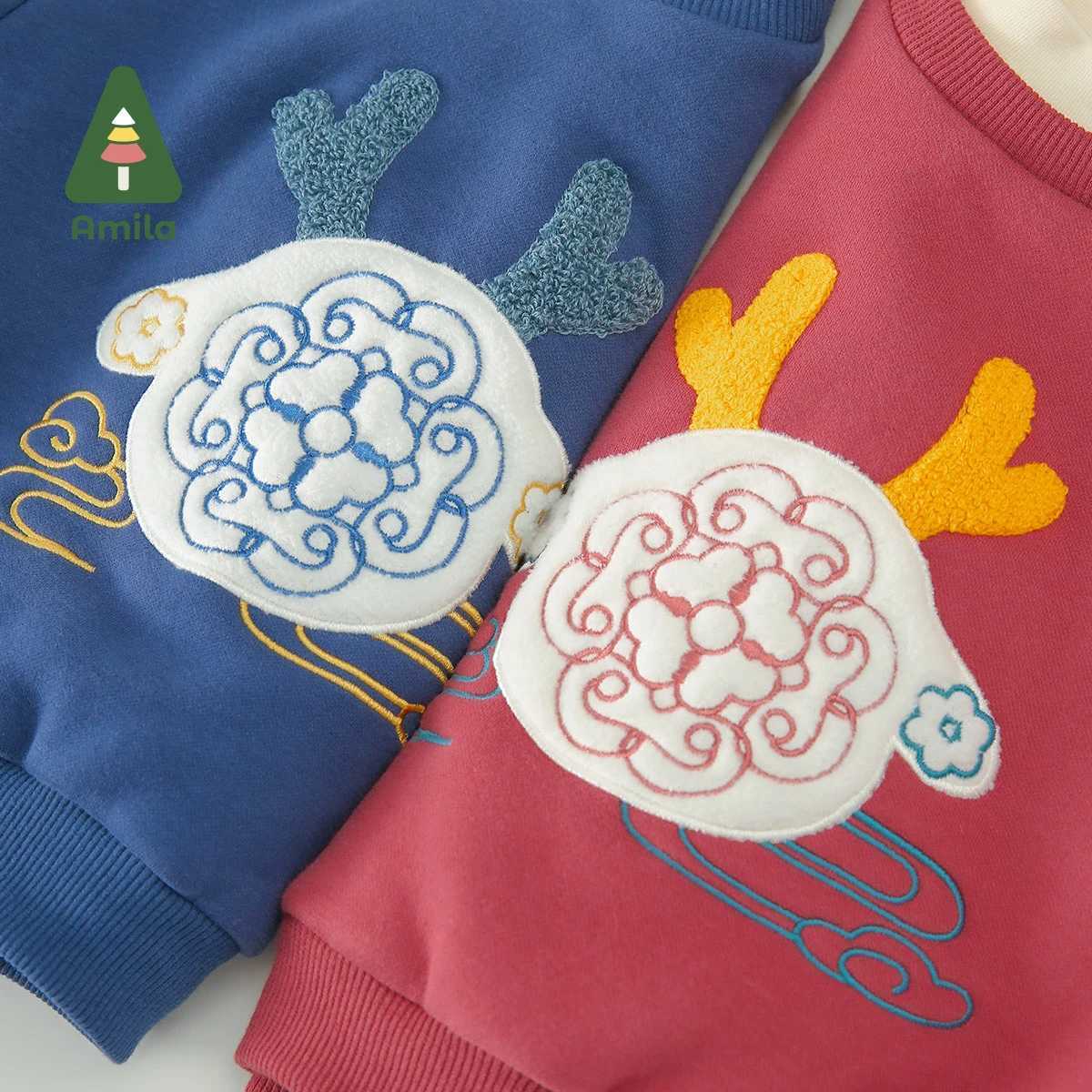 Clothing Sets Amila Babys Set 2024 Winter New Boys and Girls Cartoon Fashion Casual Chinese Elements Embroidered Warmth Kids Suits H241126