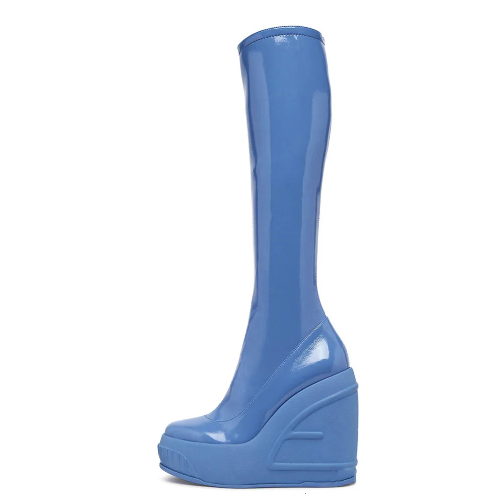 2024 Spring New Slope Thick Bottom Round Toe High Heel Fashion Sexy Cross-Border Women's Plus Size Knee-High Boots