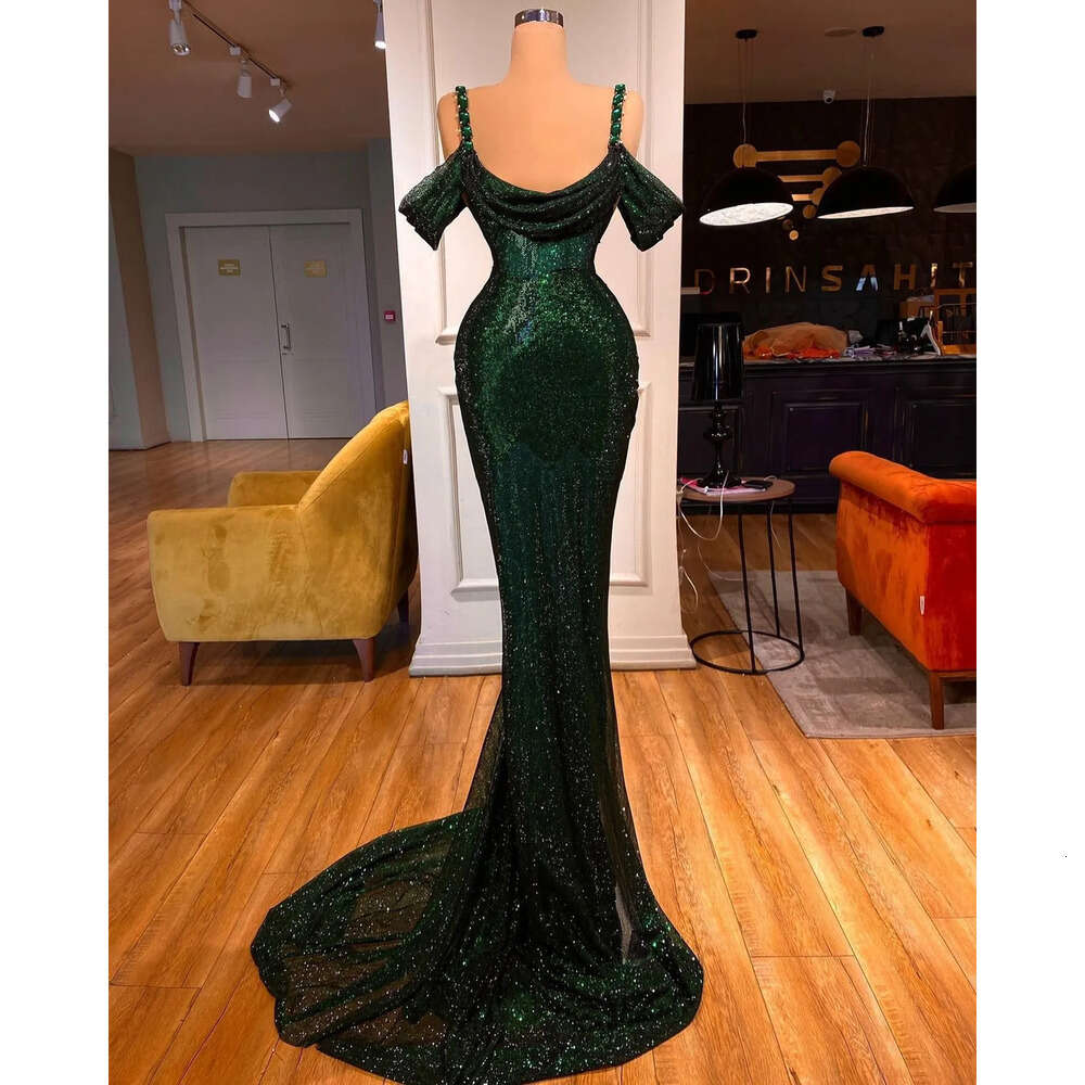 Green Dresses Mermaid Evening Dark Straps Off The Shoulder Sparkly Beaded Sequins Custom Made Formal Ocn Wear Arabic Prom Gown Vestidos 6660306