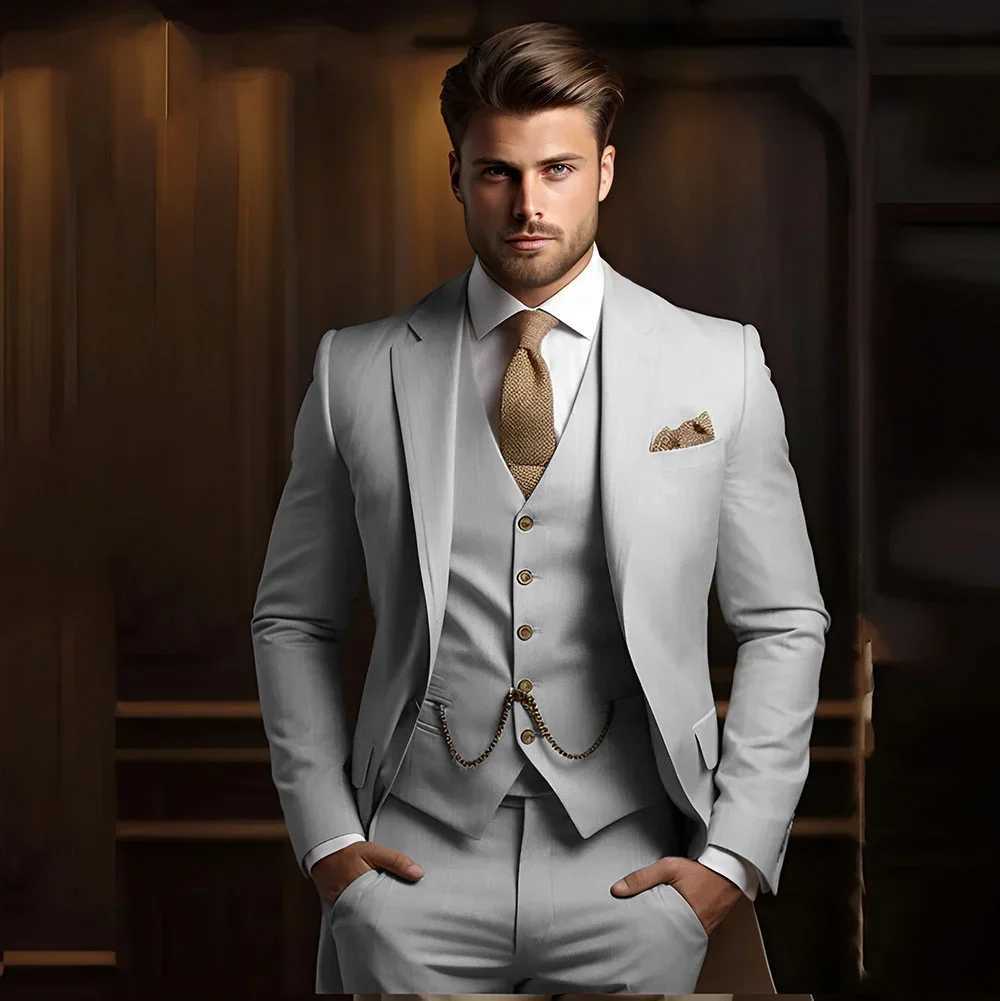 Mens casual suit 3-piece khaki wedding grooms tailcoat slim fit set 2025 mens fashion suit jacket with pants vest X241126