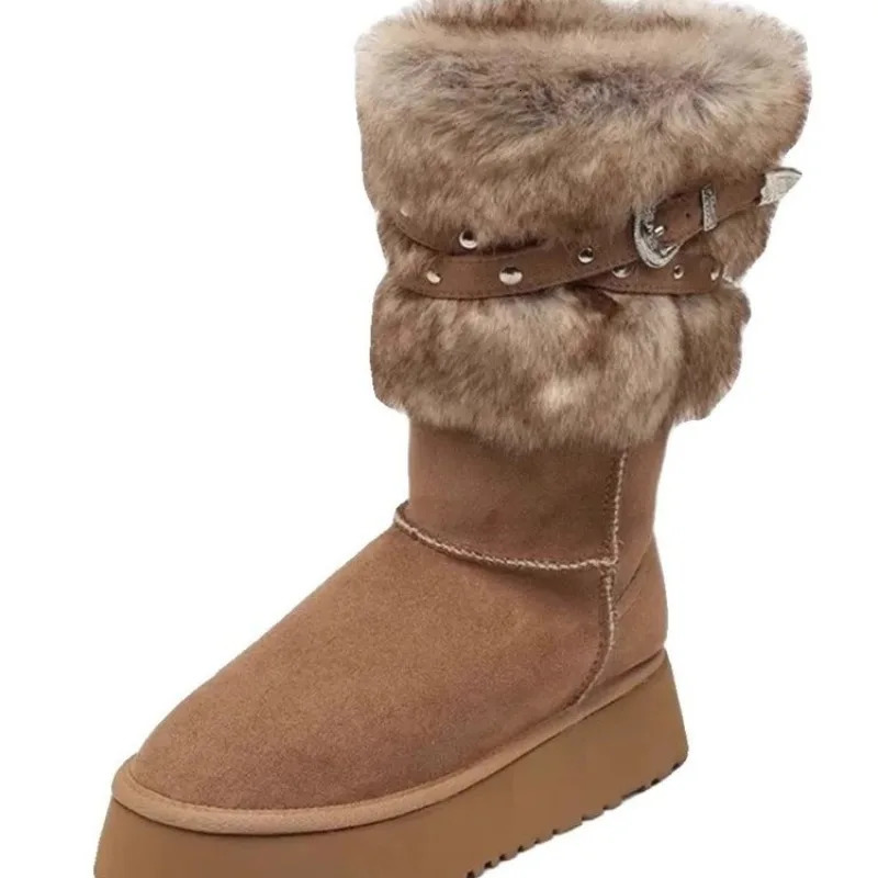 Womens Shoes Mid-Calf Womens Boots Fashion Belt Buckle Daily Boots Women Winter Round Toe Keep Warm Snow Boots 241114