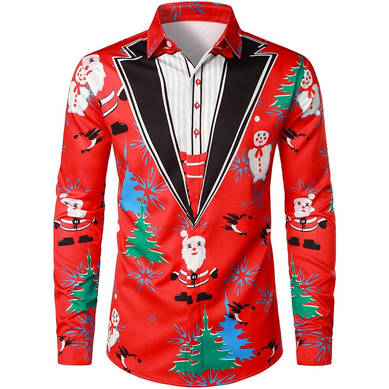 Santa Claus Mens Graphic Shirt Casual Retro 3D Printed Long Sleeve Holiday Party Clothing Y2k Top 241126