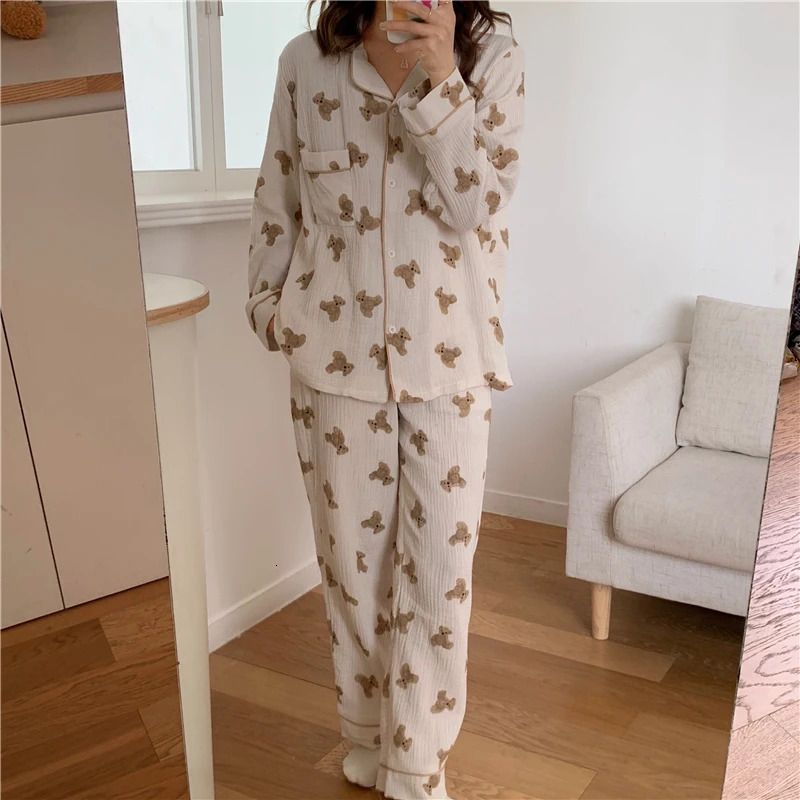 Couple Kavay Cotton Autumn Pajama Set Womens Casual Cotton Two Piece Set Family Set Pajama Pocket Retro 241126