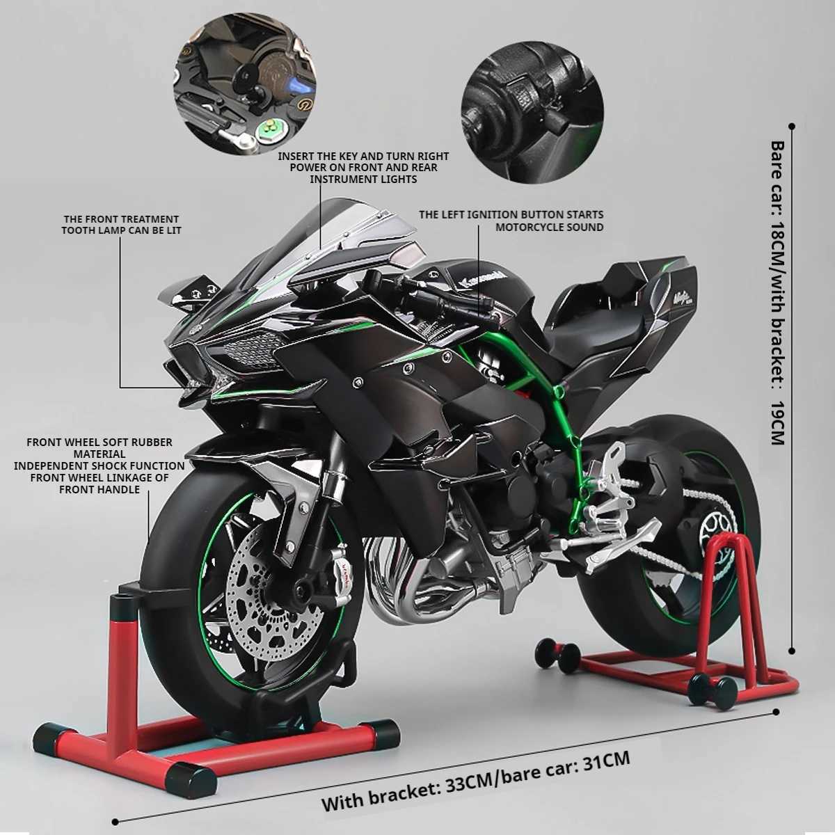 Large 1 6 Kawasaki H2R Guided Spray Dynamic Alloy Metal Die Casting Motorcycle Model Sound Light Boutique Simulated Gift Box W241126