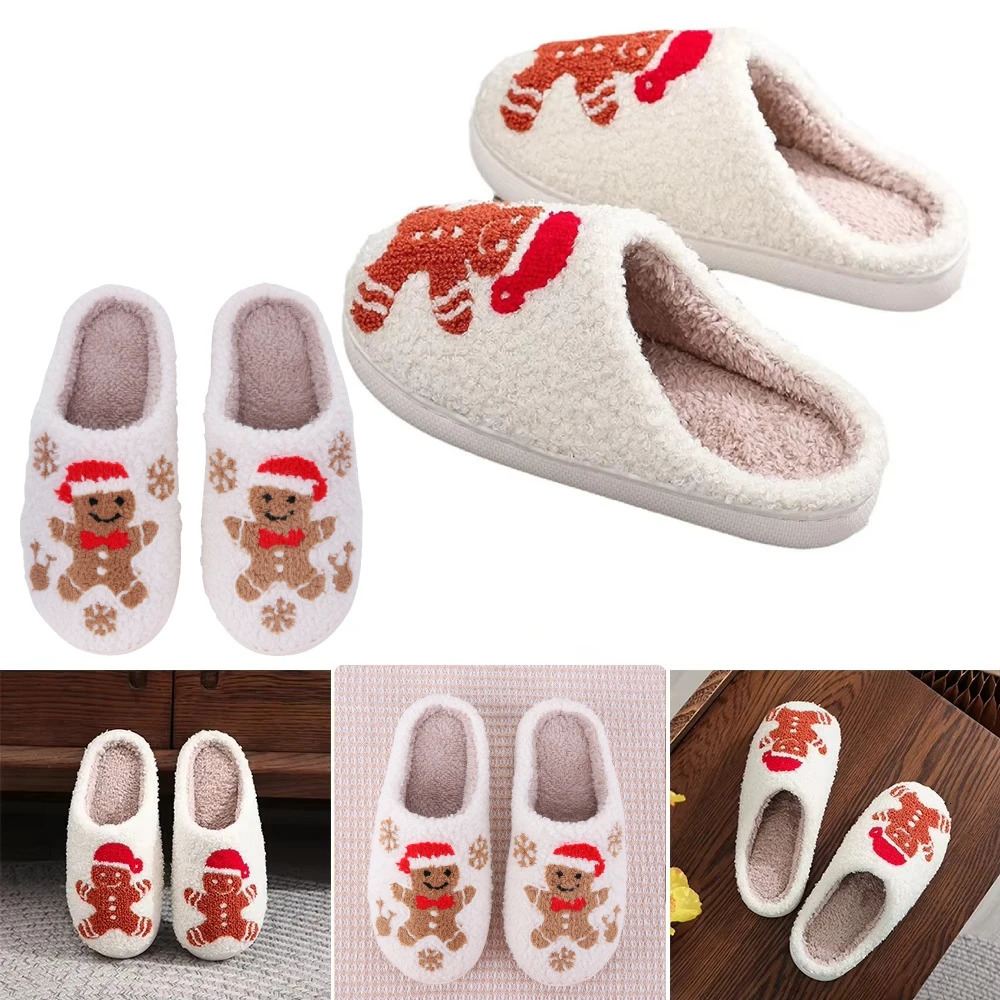 Christmas slippers womens home fluffy flip cover winter womens indoor cute deer gingerbread mens warm house plush shoes 241126
