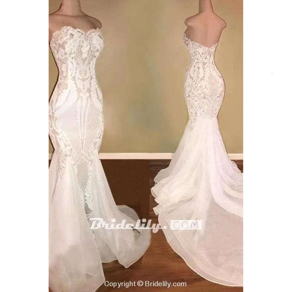 Dresses Mermaid White Sweetheart Sparkling Sequins Lace Organza Sweep Train Wedding Bridal Gowns Bc