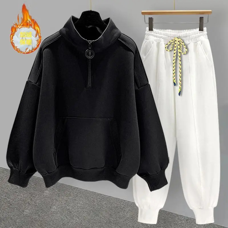 Hip Hop Half Neck Sweatshirt Set Autumn Winter Trend Versatile Zipper Plush Thick Coat Slow Running Pants Mens Street Clothing 241126