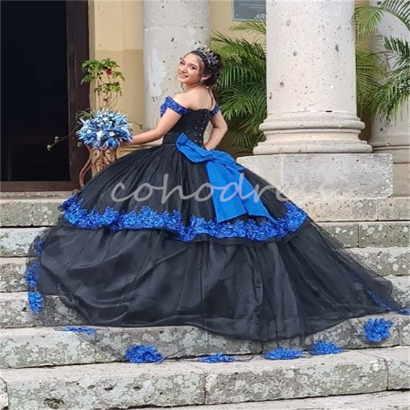 Charro Mexican Black Quinceanera Dresses Off Shoulders Blue Lace Xv Bow Vestidos De 15 Quinceanera Sweet 16 Party Corset Birthday Formal Occasion Dres