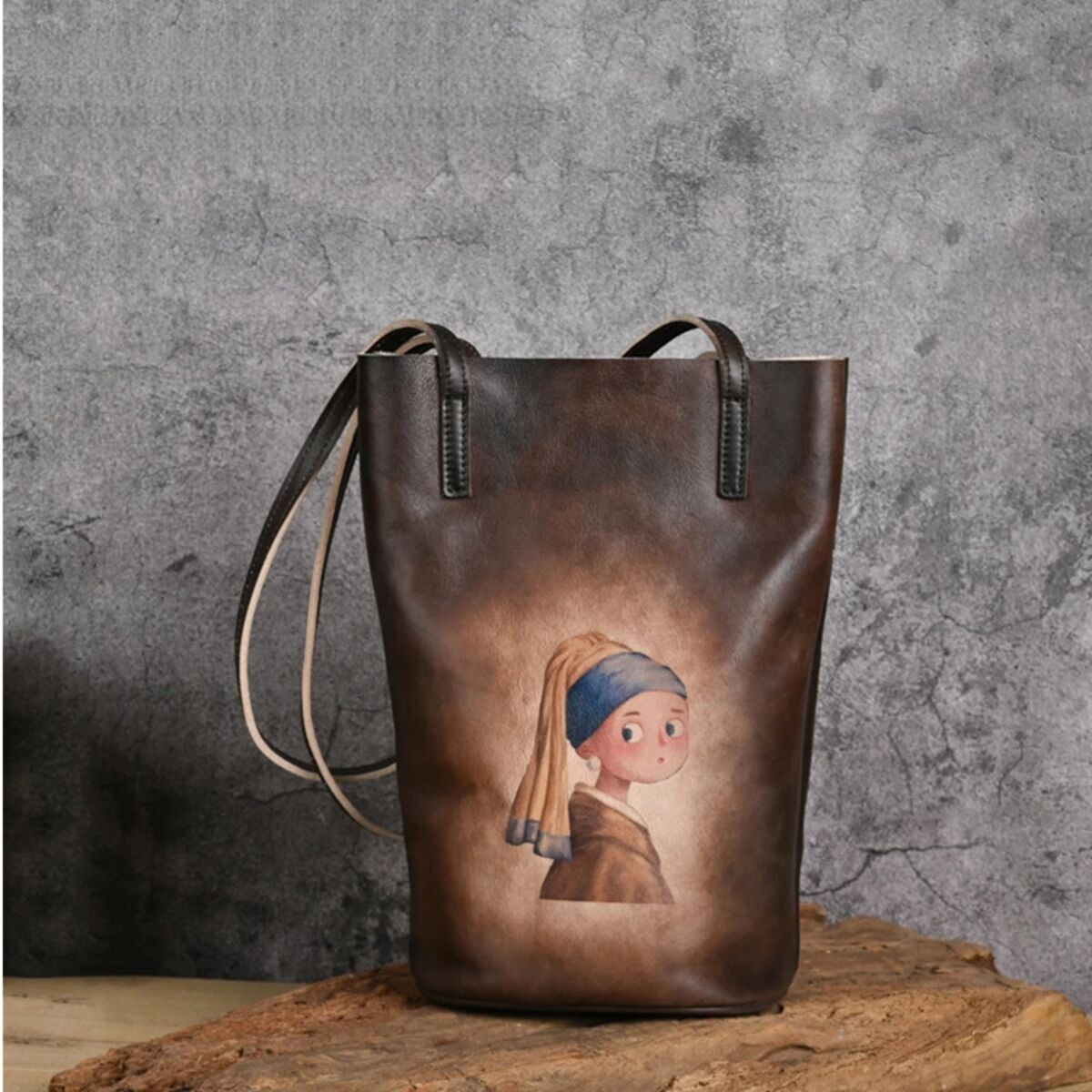 Retro Hand-Printed Women's Bag For Women Genuine Leather Bucket Handbags Long Handle Lady Designer Shoulder Bags Open BagVoyage