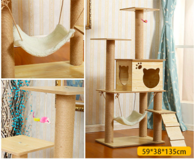 Multicolor large size wooden Sisal pet scratcher house tower condo cat trees