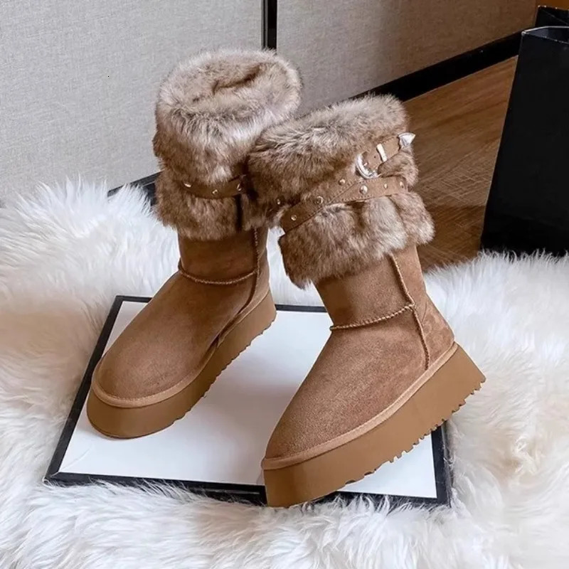 Womens Shoes Mid-Calf Womens Boots Fashion Belt Buckle Daily Boots Women Winter Round Toe Keep Warm Snow Boots 241114