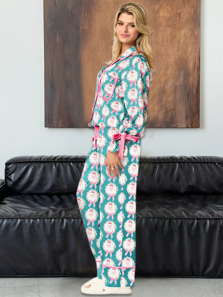 Leisure Y2K Pink Bow Womens Pajama Set 2-piece Long Cute Long Sleeve Matching Lounge Shirt Set 90S Santa Claus Pajama 241126