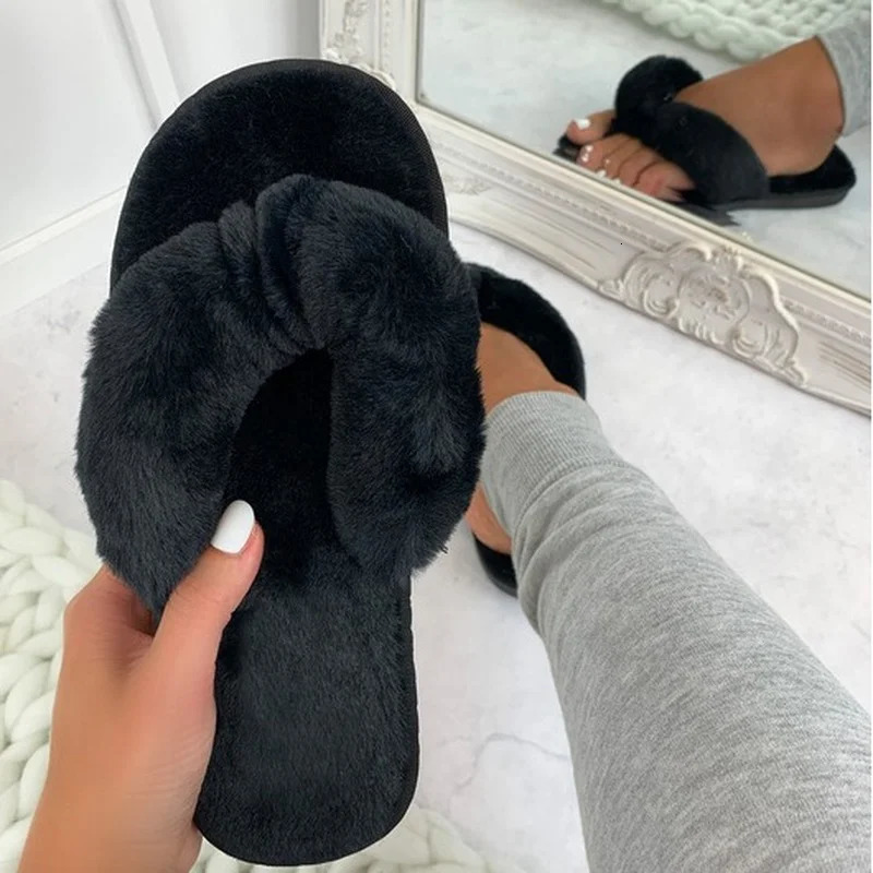 fluffy slider womens comfortable faux fur cross indoor floor slider flat soft fur leather shoes womens celebrity flip cover 241126