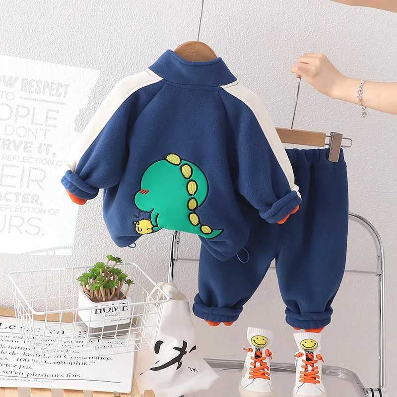 Clothing Sets Winter Warm Baby Clothes Suit Children Boys Thick Cartoon Dinosaur Jacket Pants 2Pcs/Set Kids Girl Clothing Toddler Warm Costume H241126