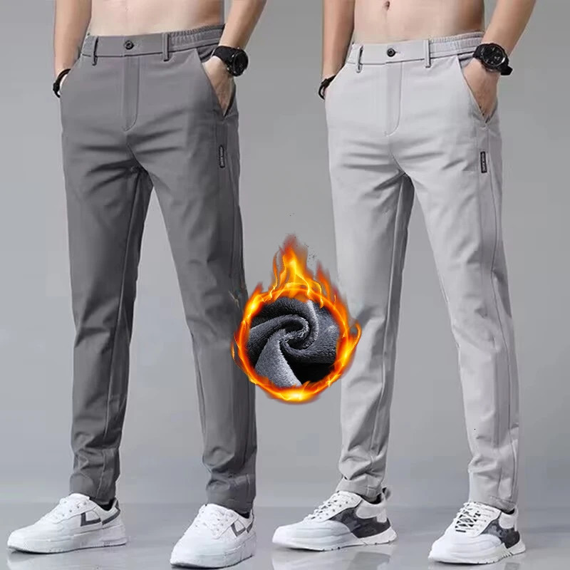 Korean Mens Warm Golf Pants Slim Straight Winter Thick Fleece Casual Pants Business Fashion Stretch Thermal Trousers Male 241126