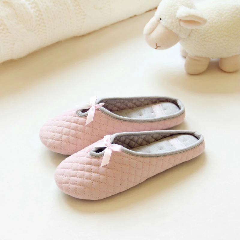 Lovely Bowtie Winter Women Home Slippers For Indoor Bedroom House Soft Bottom Cotton Warm Shoes Adult Guests Flats 241126
