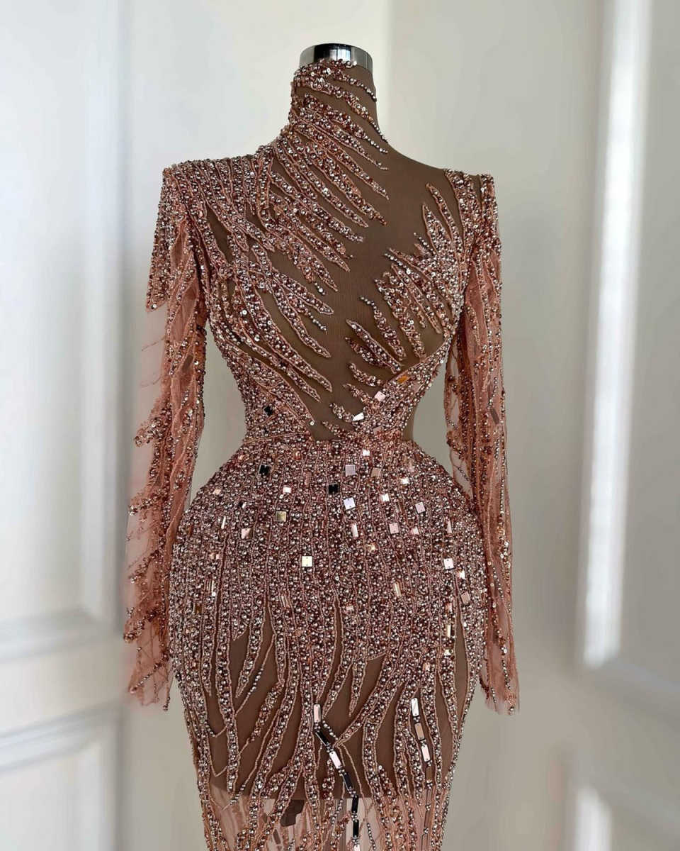 Mermaid Evening Dresses For Women Sequins See Through Gown High Collar Long Sleeves Customized Dress Party Prom