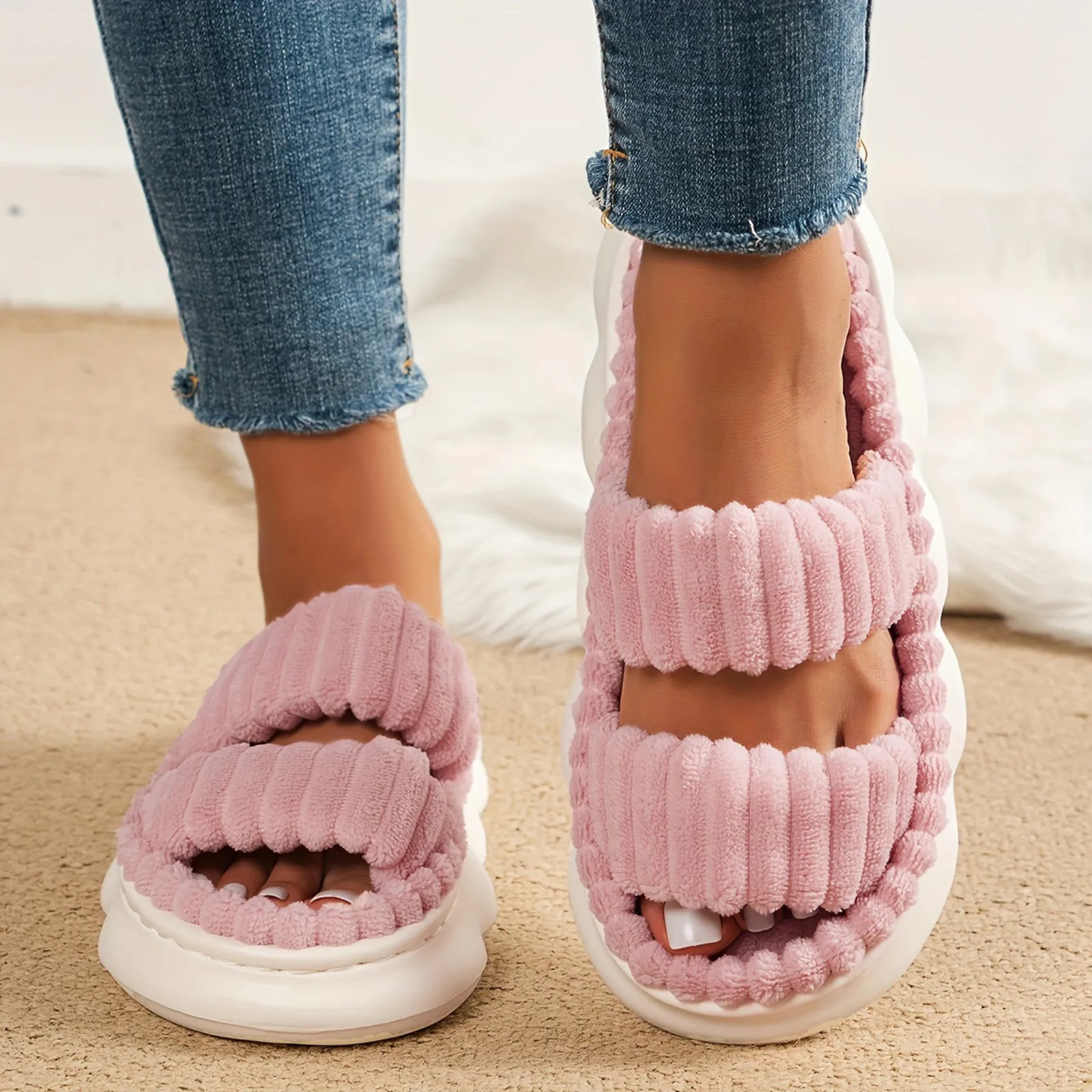 Womens 2024 Spring/Summer Towel Pattern Thick Bottom Home Fashion Anti slip Towel Bottom External Sliding Sandals Outdoor 241126