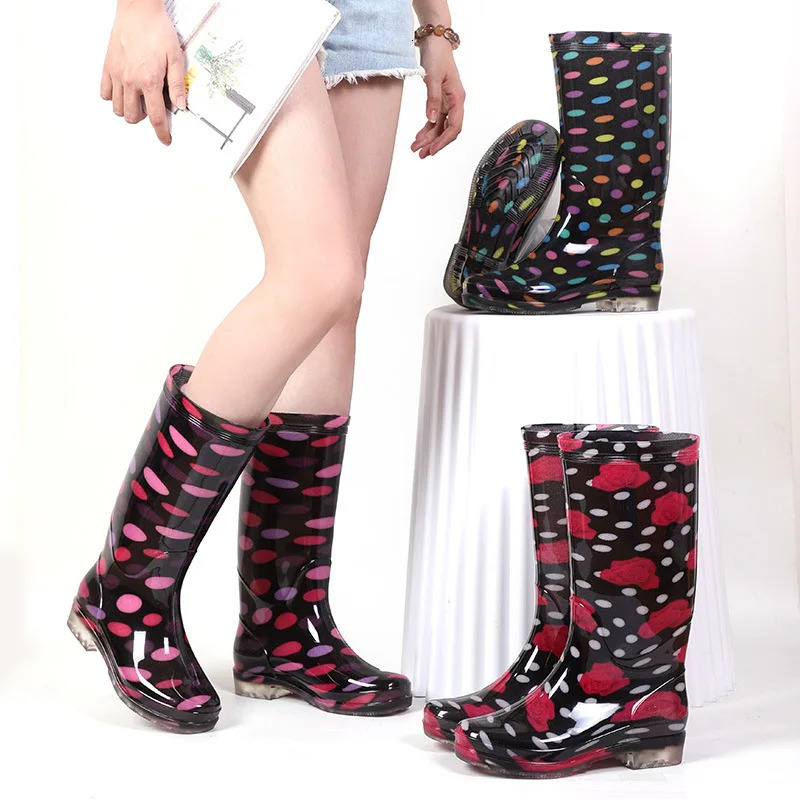 Womens adult Galoshes long boots floral printed rain boots PVC anti slip knee high boots womens rain boots free delivery 241126
