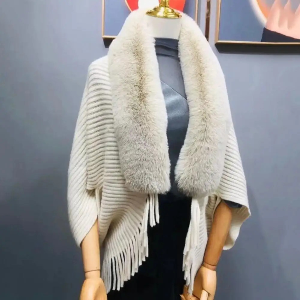 Women Winter Shawl Tassel Thicken Solid Color Cardigan Coat Knitted Artificial Rabbit Fur Elegant Banquet Ponchos 241112