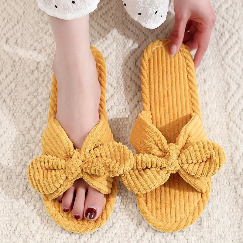 Womens Corduroy Bow Living Room Slippers for Home Use Soft and Casual Autumn and Winter Silent Light EVA Anti slip Bone Slippers 241126