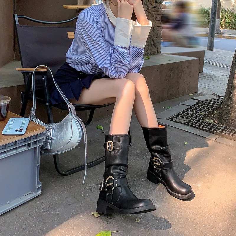 Real Soft Leather Western Cowboy Boots Belt Buckle Pile Boots Mid-calf Womens Knight Boots Martin Boots Womens Boots 241114