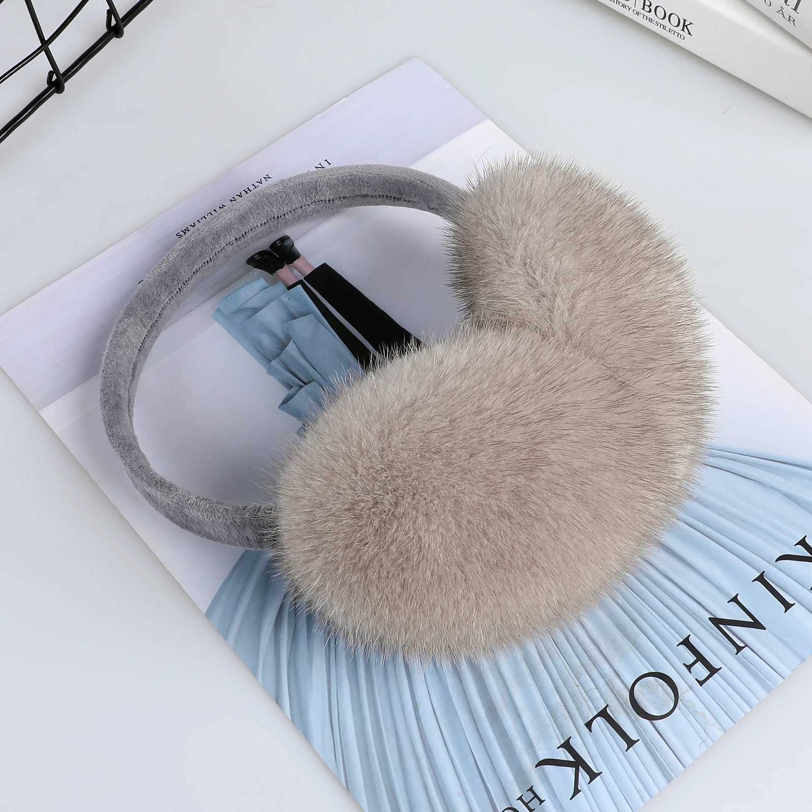 Luxury winter fashion unisex leather mink earmuffs with velvet straps womens foldable earmuffs ear warmers genuine fur earmuffs W241126