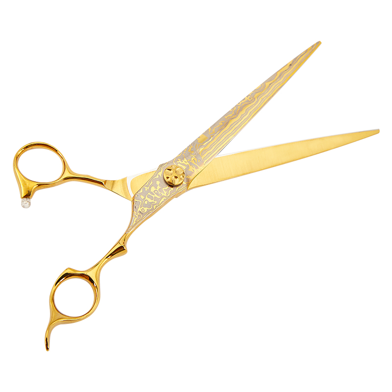 7.5 inch gold/black color Damascus Veterinary Animal Shaped Scissors Pet Grooming Scissors Pet Rotating handle swivel thumb