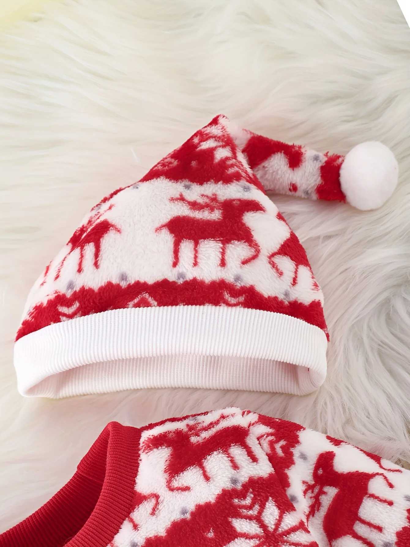 Clothing Sets Christmas 3 Piece Autumn And Winter Cute Comfortable Soft Warm Baby Flannel Round Neck Long Sleeve + Trousers + Hat Set H241126