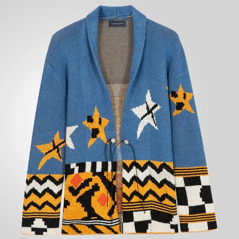 Mens autumn and winter jacquard knit mid length lapel cardigan sweater jacket business and leisure printed cardigan mens style 241126