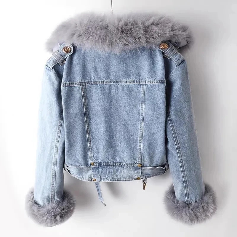 2024 Womens Artificial Fox Fur Collar Jeans Jacket Winter Jacket Womens Short Warm Park Rabbit Hair Lining Jacket Fashion Jacket 241125 - view 3