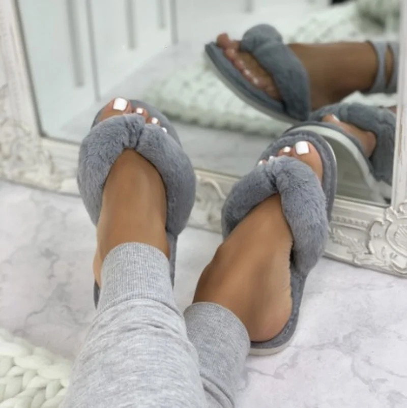 fluffy slider womens comfortable faux fur cross indoor floor slider flat soft fur leather shoes womens celebrity flip cover 241126