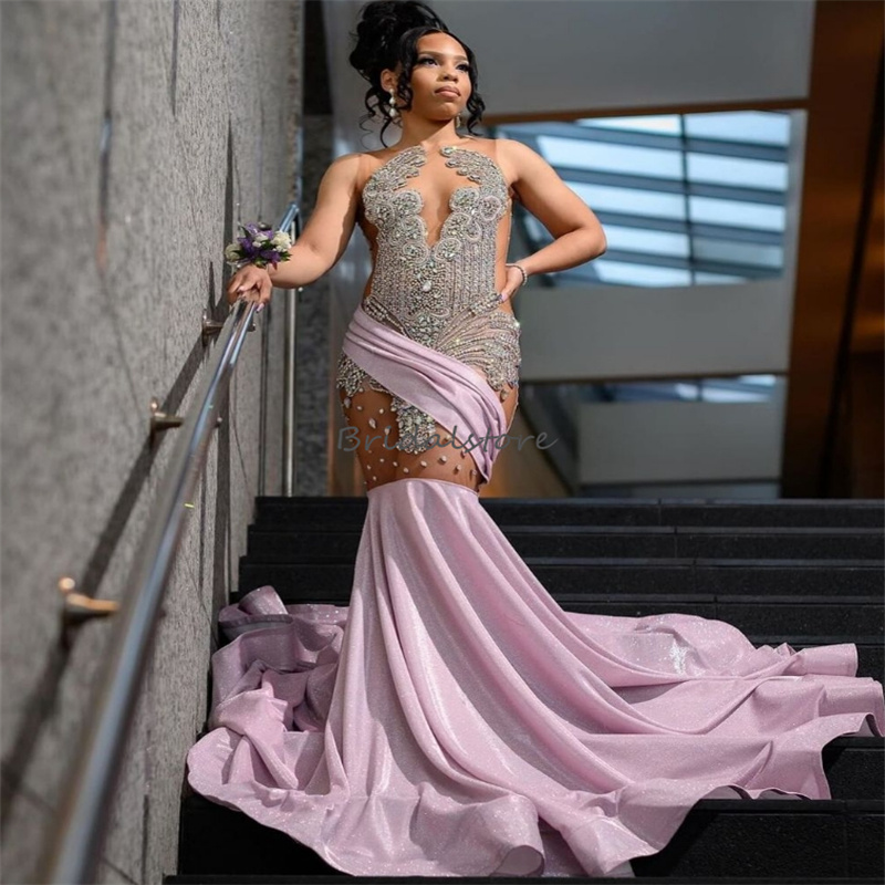 Stunning Pink Baddies Prom Dresses For Black Girl 2024 Luxury Diamond Gillter Illusion Birthday Party Gowns Elegant Formal Ceremony Sixteen Vestios De