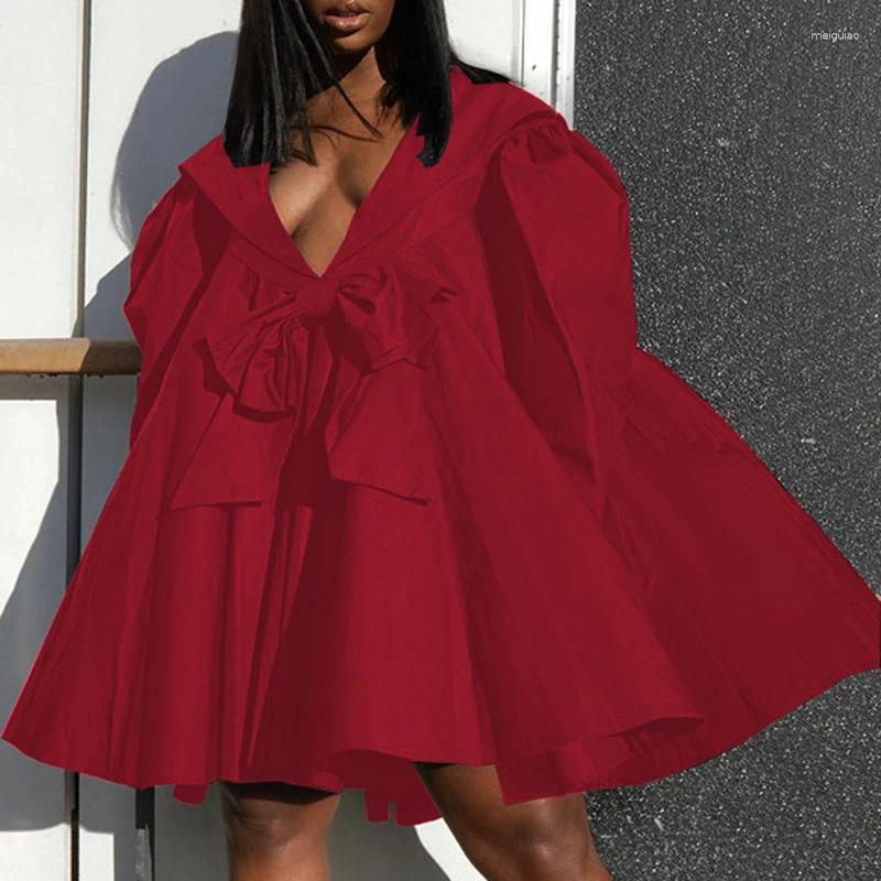 Casual Dresses V-neck Pleated Mini Dress Elegant High Waisted Pullover Women Clothing Loose Bowknot Long Sleeved Vestidos