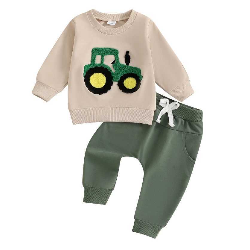 Clothing Sets Toddler Boy Fall Outfits Tractor Embroidery Long Sleeve Round Neck Sweatshirt with Solid Pants Set Boys Tracksuits Set H241126