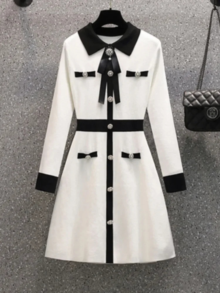 Small perfume autumn winter knitting sweater womens bow button retro party mini dress elegant casual chic gown women 241125