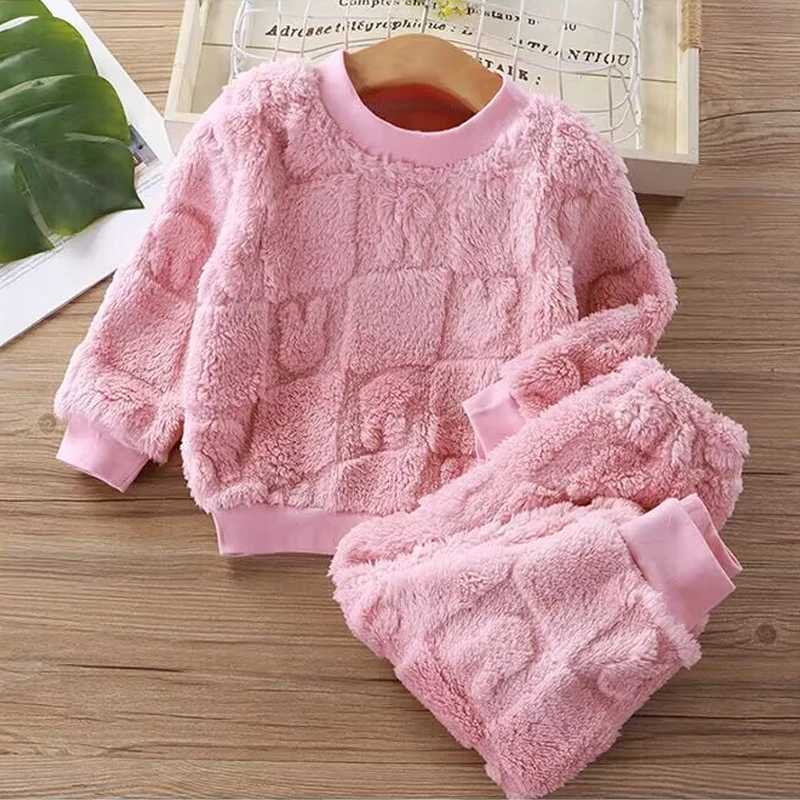 Clothing Sets Childrens autumn and winter flange pajamas suits Korean version boys plus velvet thick home service girl warm underwear suit H241126