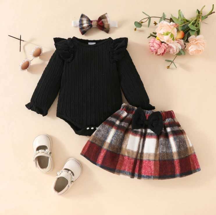 Clothing Sets Fashion Baby Girls Fall Winter Outfit Long Sleeve Ribbed Romper Plaid Print Skirt Headband 3 Piece Warm Babys Clothes Set H241126